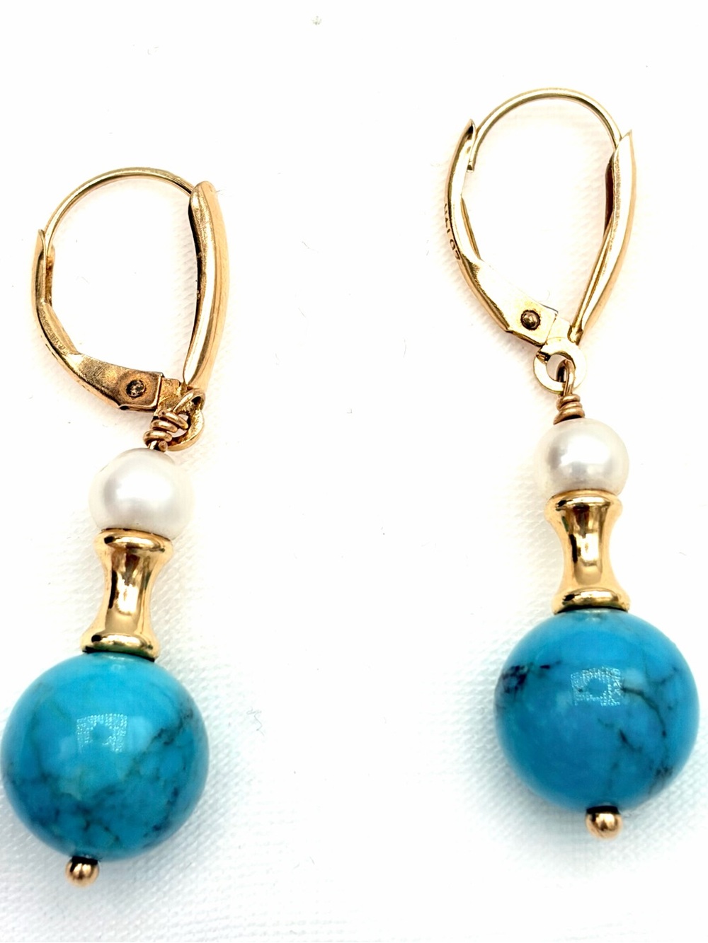 Vintage Zimmer Bros. Solid 14k Gold Turquoise Drop Earrings with Pearl Accent